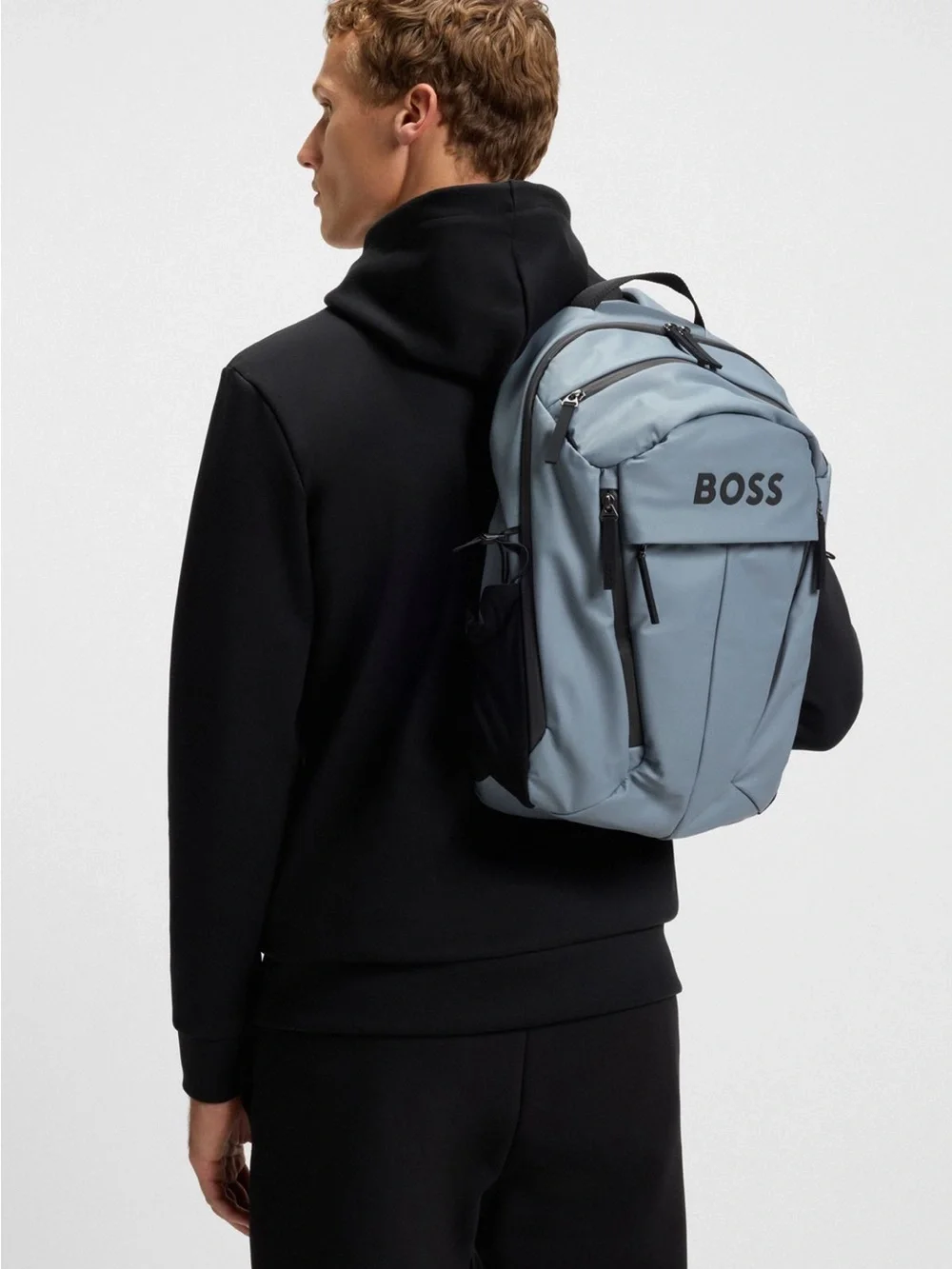 NWT BOSS Hugo Boss Stormy Bold Logo Laptop Backpack Ice Grey Blue